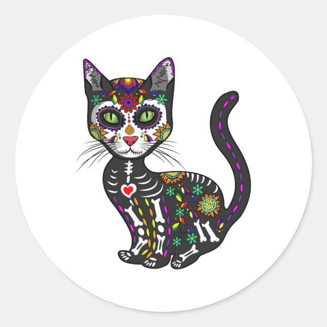 Cute Sugar Skull Mexican Cat Halloween Day Of The  Classic Round Sticker (Front)