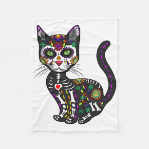 Cute Sugar Skull Mexican Cat Halloween Day Of The  Fleece Blanket