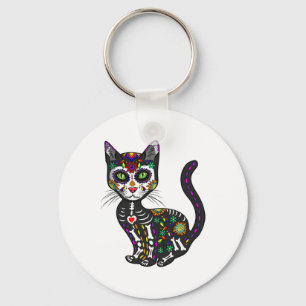 Cute Sugar Skull Mexican Cat Halloween Day Of The  Key Ring