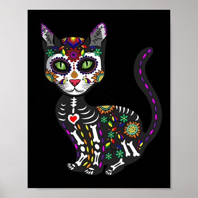 Cute Sugar Skull Mexican Cat Halloween Day Of The  Poster (Front)