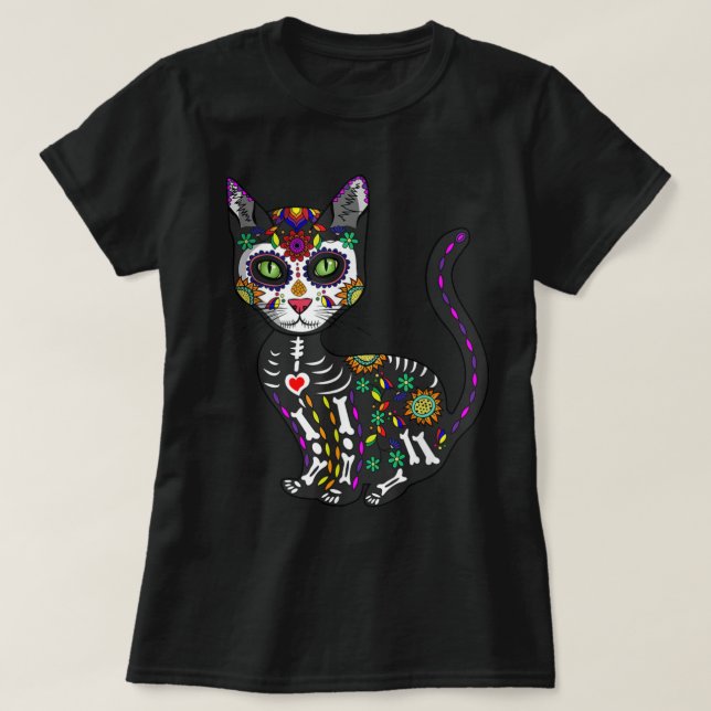 Cute Sugar Skull Mexican Cat Halloween Day Of The  T-Shirt (Design Front)