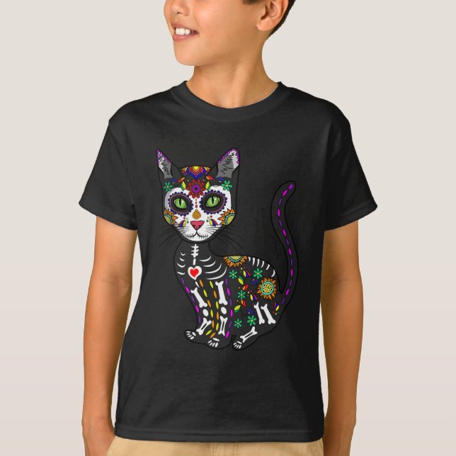 Cute Sugar Skull Mexican Cat Halloween Day Of The  T-Shirt (Front)