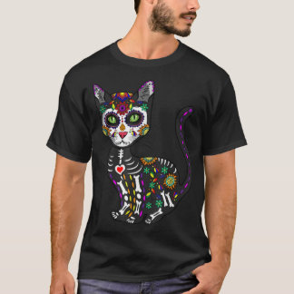 Cute Sugar Skull Mexican Cat Halloween Day Of The  T-Shirt