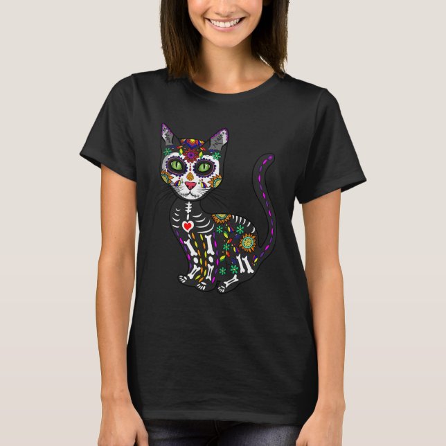 Cute Sugar Skull Mexican Cat Halloween Day Of The  T-Shirt (Front)