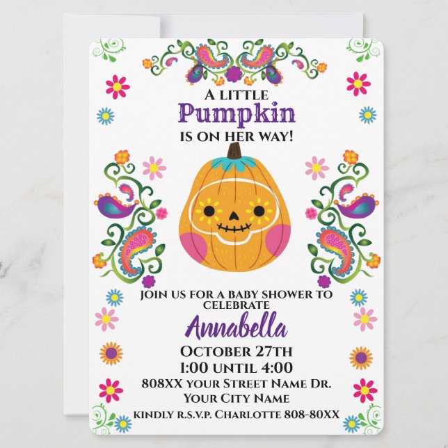 Cute Sugar Skull Pumpkin Halloween Baby Shower Invitation (Front)