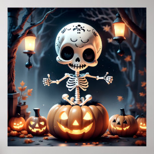 Cute Sugar Skull Skeleton and Pumpkins  Poster