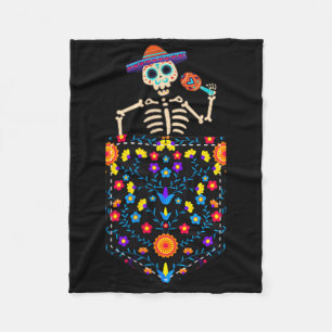 Cute Sugar Skull Skeleton In Pocket Mexican Cinco Fleece Blanket