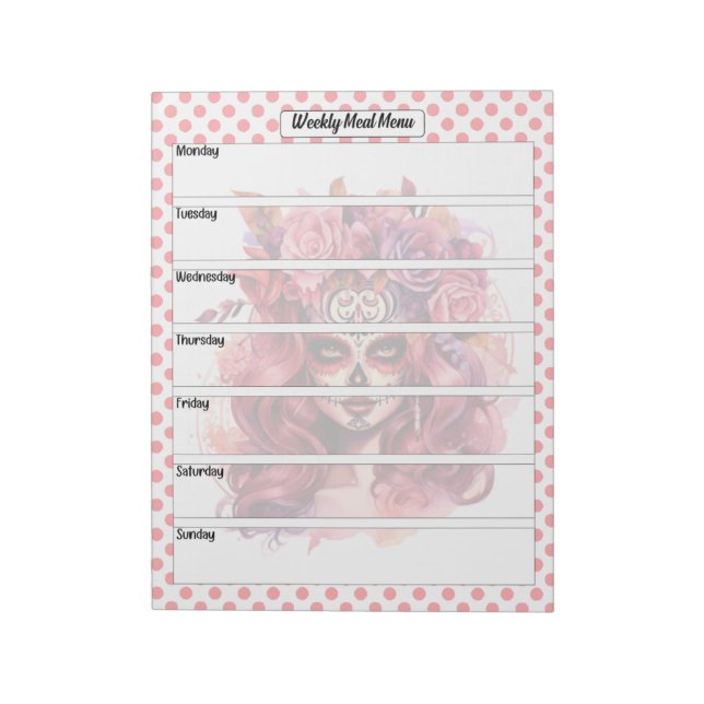 Cute Sugar Skull Weekly Meal Menu Notepad (Rotated)