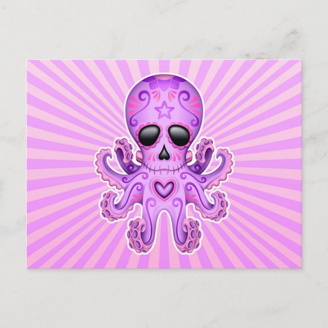 Cute Sugar Skull Zombie Octopus - Purple Postcard (Front)