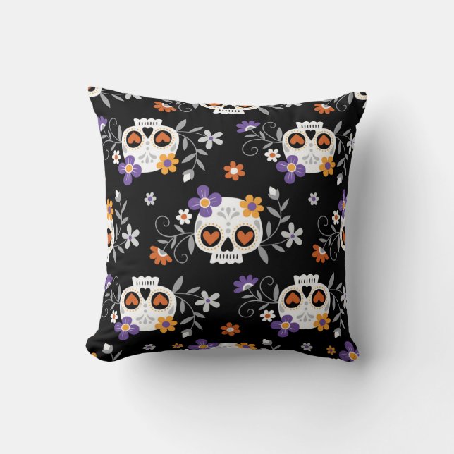 Cute Sugar Skulls Hand Drawn Cushion (Front)