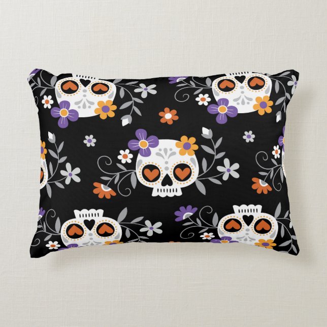 Cute Sugar Skulls Hand Drawn Decorative Cushion (Front)