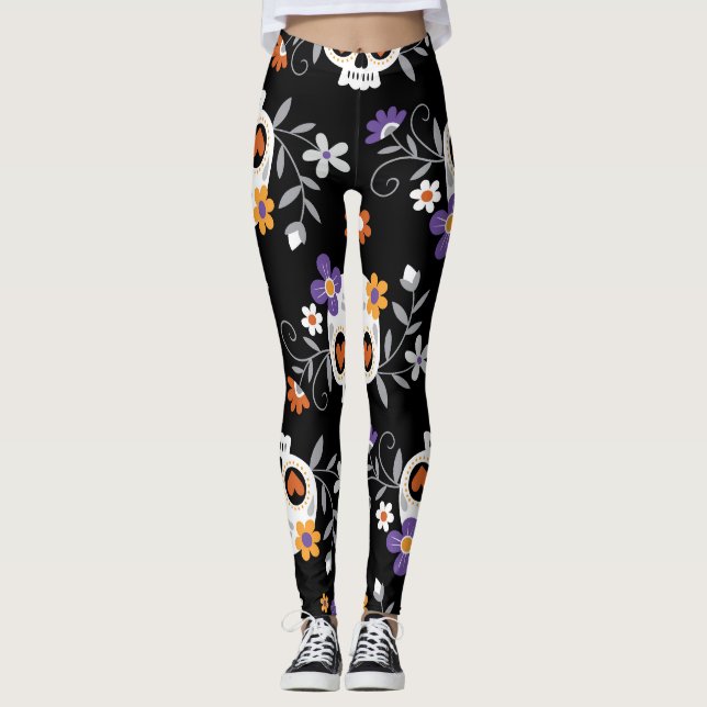 Cute Sugar Skulls Hand Drawn Leggings (Front)
