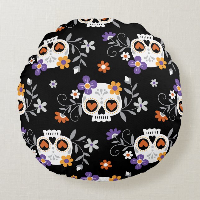 Cute Sugar Skulls Hand Drawn Round Cushion (Front)