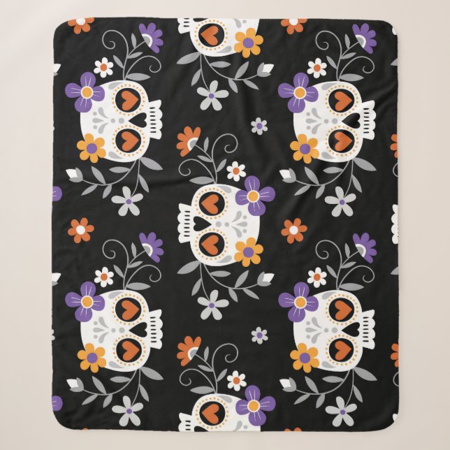 Cute Sugar Skulls Hand Drawn Sherpa Blanket (Front)