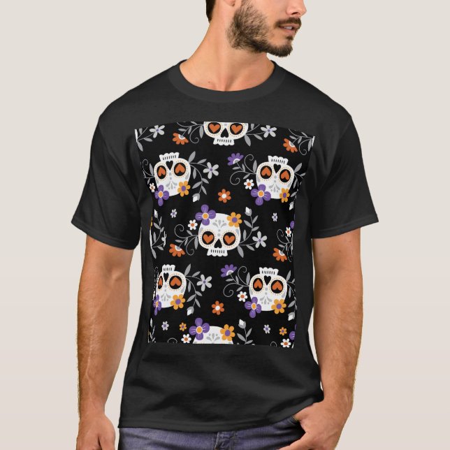 Cute Sugar Skulls Hand Drawn T-Shirt (Front)