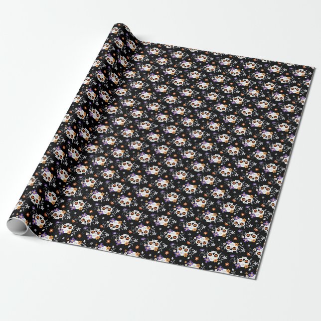 Cute Sugar Skulls Hand Drawn Wrapping Paper (Unrolled)
