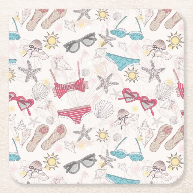 Cute Summer Abstract Pattern Square Paper Coaster (Front)