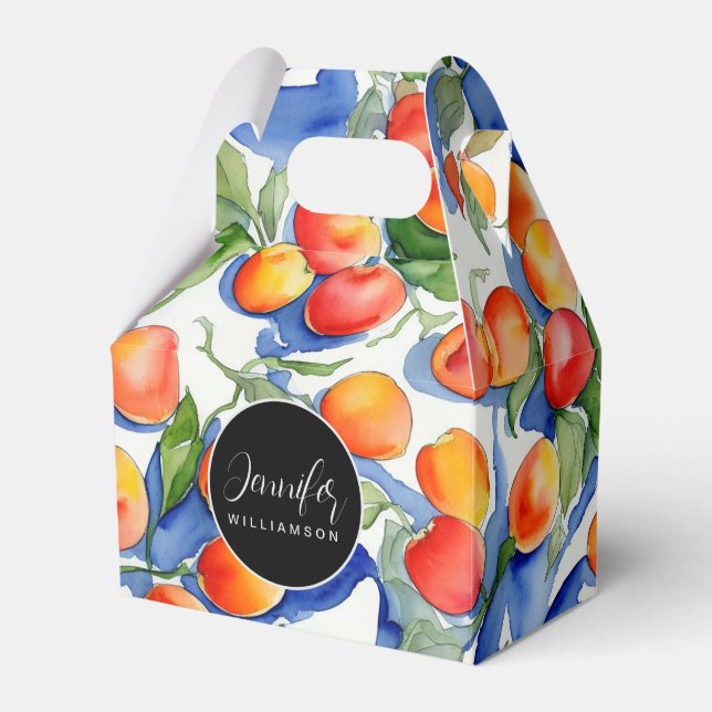 Cute Summer Apricot Watercolor Pattern Black Label Favour Box (Front Side)