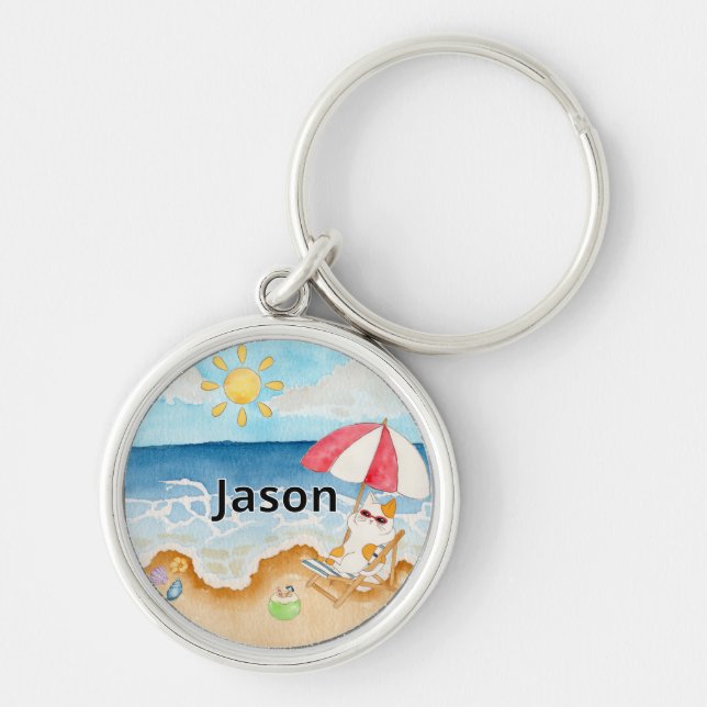 Cute Summer Beach Cat Personalised Name Keychain (Front)