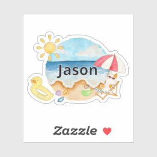 Cute Summer Beach Cat Personalised Name Sticker