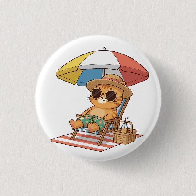 Cute Summer Beach Cat Relaxing Button (Front)