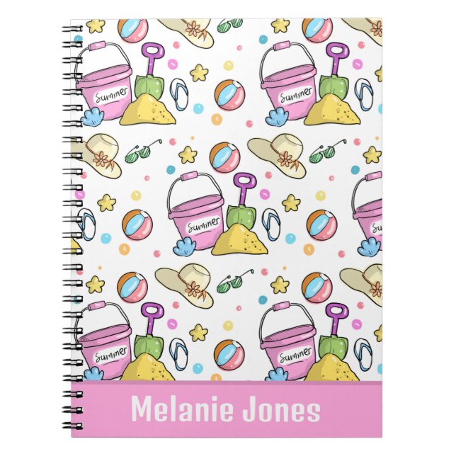Cute Summer Beach Doodles Pattern Personalised Notebook (Front)