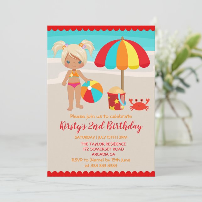 Cute Summer Beach Girl Birthday Party Invitation (Standing Front)