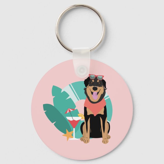 Cute Summer Dog With Sunglasses Key Ring (Front)
