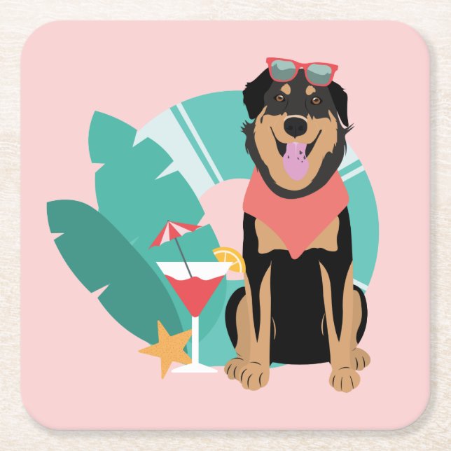 Cute Summer Dog With Sunglasses Square Paper Coaster (Front)