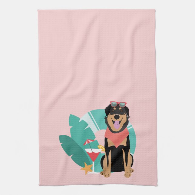 Cute Summer Dog With Sunglasses Tea Towel (Vertical)