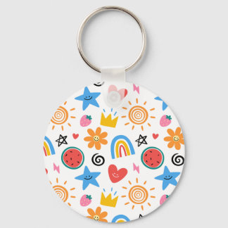 Cute Summer Doodles Whimsical Seamless Pattern Key Ring