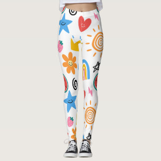 Cute Summer Doodles Whimsical Seamless Pattern Leggings