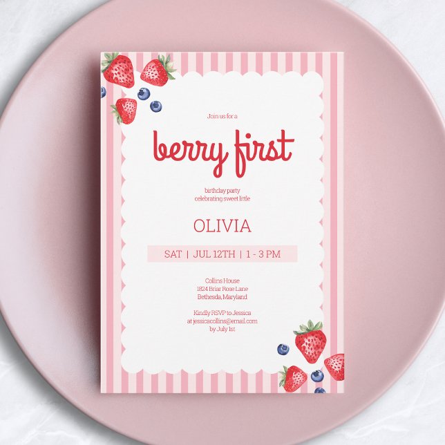 Cute Summer Fruit Berry First 1st Birthday Party Invitation (Cute Summer Fruit Berry First 1st Birthday Party Invitation)