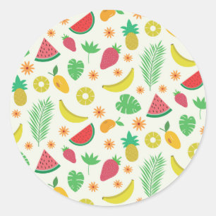 Cute summer fruits and tropical leaves pattern   classic round sticker