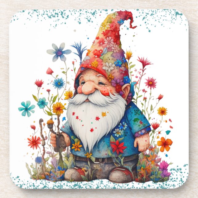 Cute Summer Gnome With Flowers Coaster (Front)