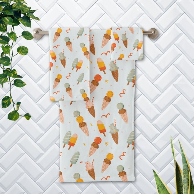 Cute Summer Ice Cream Pattern Bath Towel Set (In situ Bathroom wall)