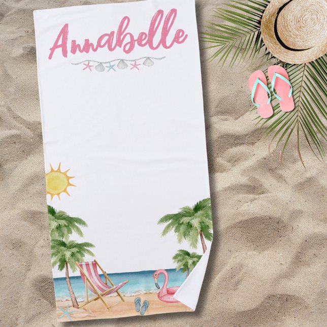 Cute Summer Name Watercolor Palm Tree Tropical Beach Towel (Cute Name Watercolor Palm Tree Beach Towel)