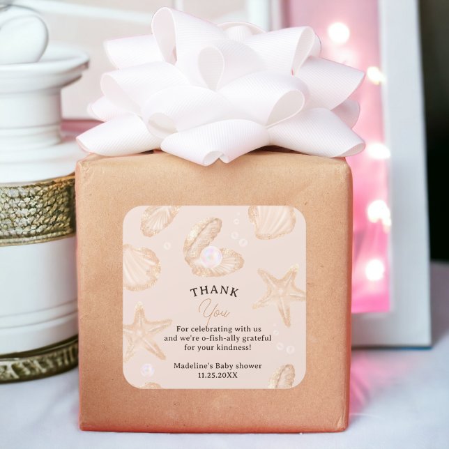 Cute summer ocean little pearl baby shower thank square sticker (Cute summer ocean little pearl baby shower thank square sticker)