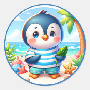 Cute Summer penguin lovers beach Classic Round Sticker