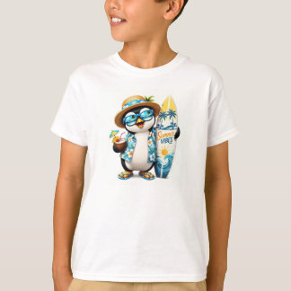 Cute Summer Penguin Surfing Vibes Kids T-Shirt