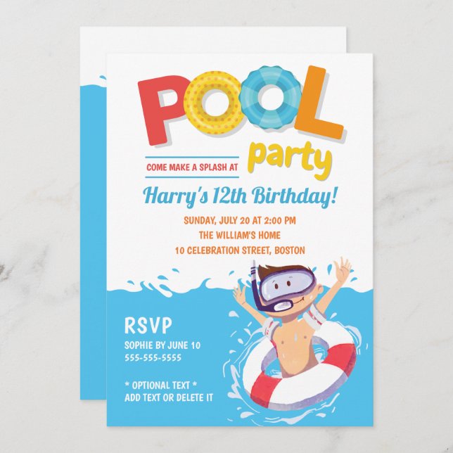Cute Summer Pool Party Boy Birthday Invitation (Front/Back)