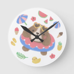 Cute Summer Spaniel Dog Illustration Round Clock