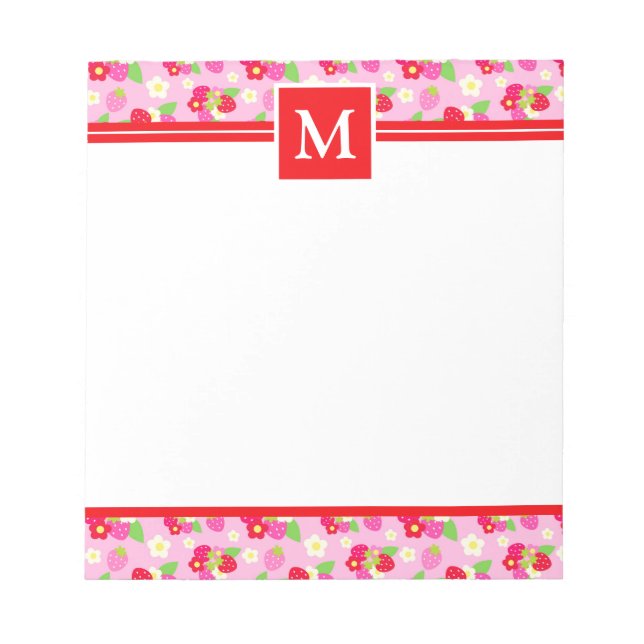 Cute Summer Strawberries Monogram Notepad (Front)