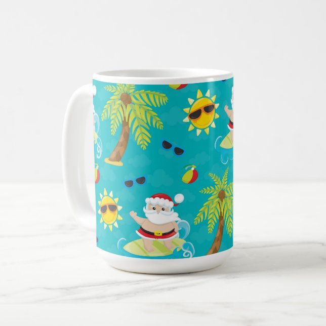 CUTE SUMMER SURFING CHRISTMAS SANTA CLAUS COFFEE MUG (Front Left)