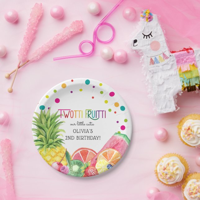 Cute Summer TWO-tti Fruitti Fruit 2nd Birthday Paper Plate (Party)