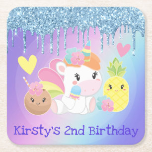 Cute Summer Unicorn & Glitter Birthday Square Paper Coaster