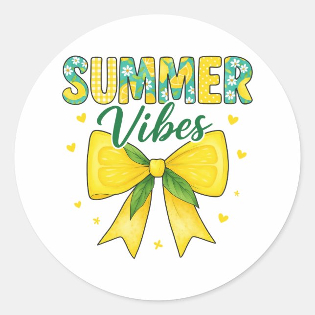 Cute Summer Vibes Lemon and Daisy Bow Classic Round Sticker (Front)
