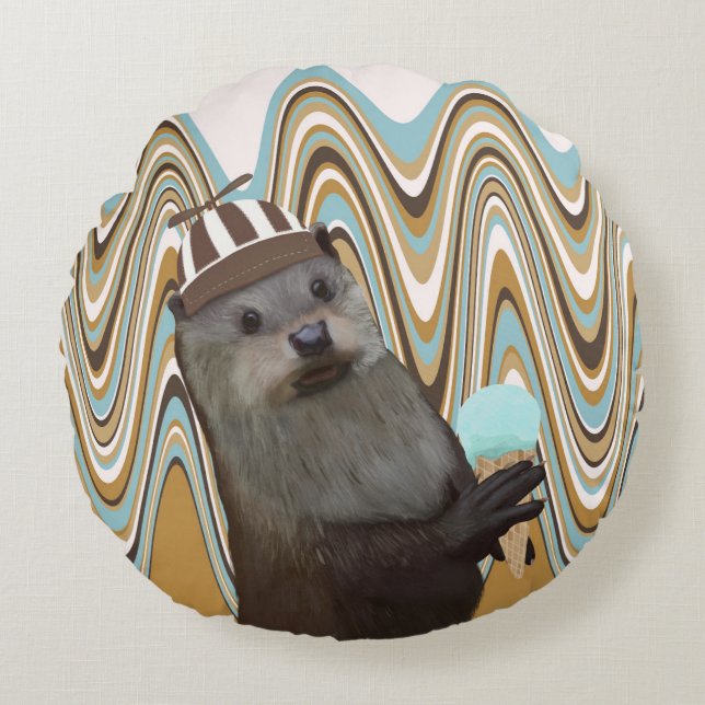 Cute Summertime Otter With Ice Cream Round Cushion (Front)