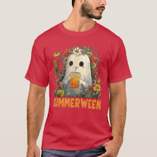 Cute Summerween Ghost Floral Funny Halloween Art T-Shirt
