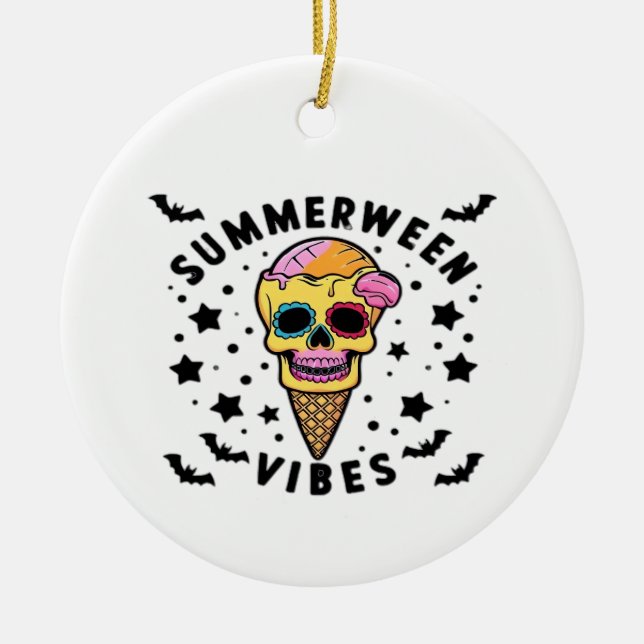 Cute Summerween Vibes Skeleton IceCream Summer Vac Ceramic Tree Decoration (Front)